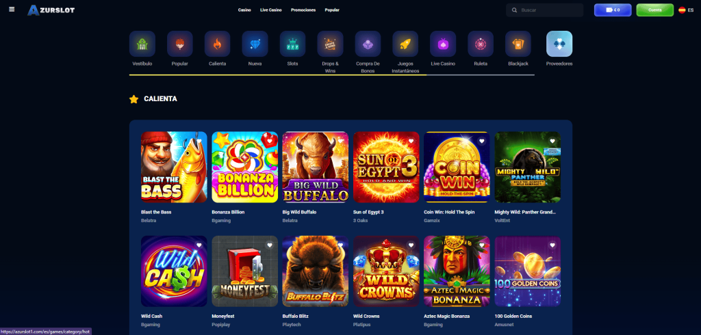 Selección de Juegos en AzurSlot Casino